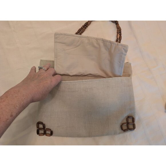 Vntg Fine Arts Bag Co Beige Linen & Wood Bead Purse Tote Zips Close Dual Handles - Picture 4 of 13